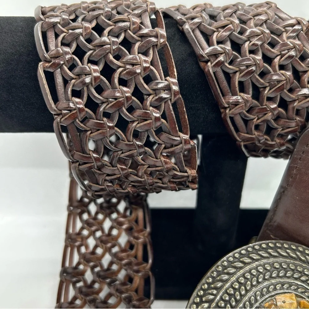 Women’s Boho Woven Leather Belt With Bronze Tone Stone Detail Buckle Size Large